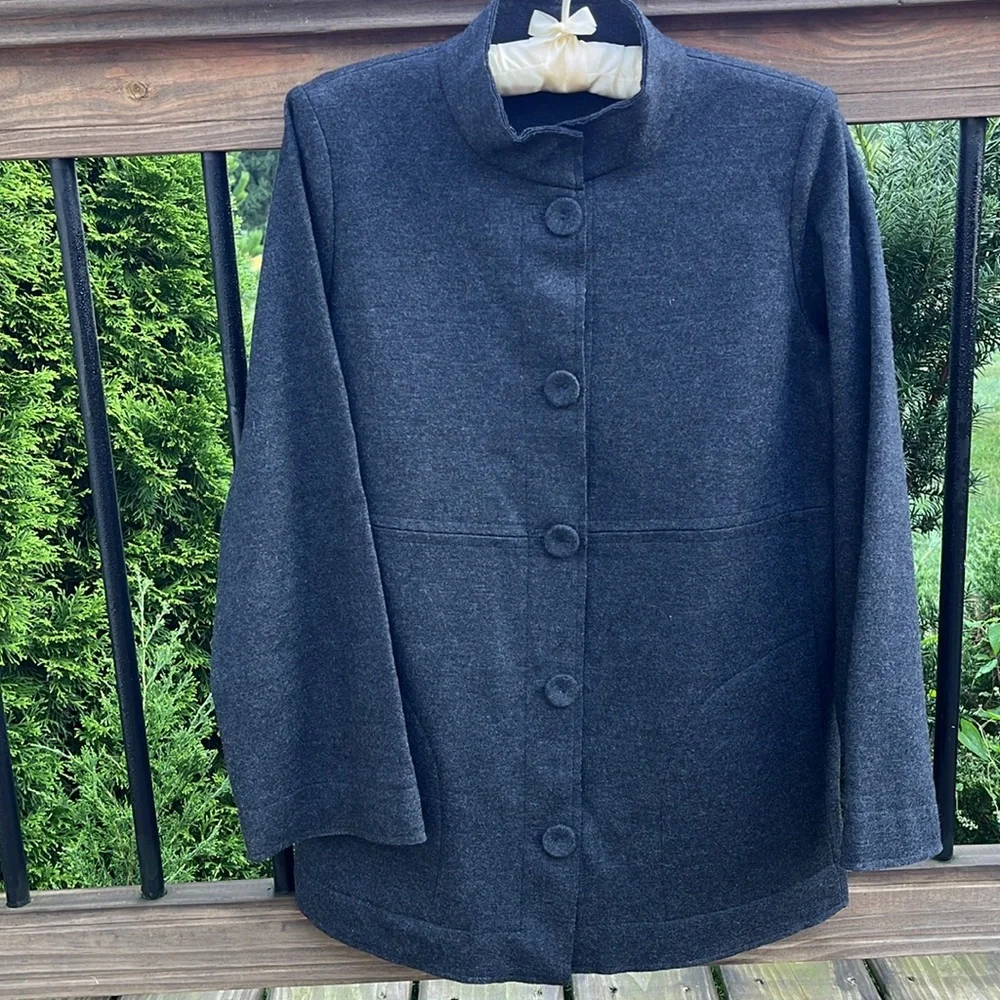 Eileen Fisher Black Dark Gray Cardigan Jacket Pea Coat buttons down - Picture 2 of 5